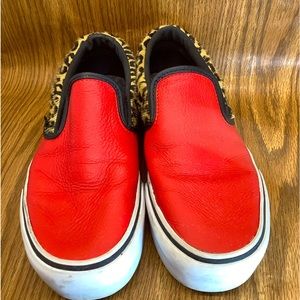 🟥 VANS ⬛️ Classic Slip On Red Leopard Calf Hair Sneakers Mens 5.5 Womens 7
